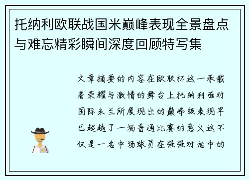 托纳利欧联战国米巅峰表现全景盘点与难忘精彩瞬间深度回顾特写集
